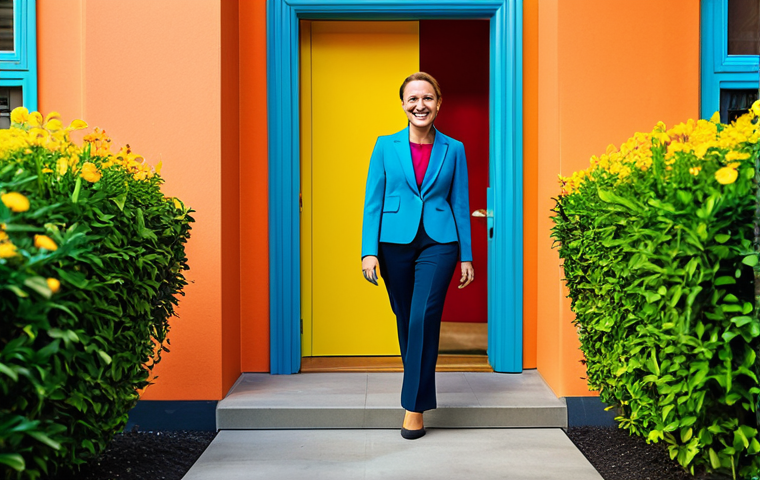 Embracing Change & Growth**
"A professional woman, fully clothed in a stylish business casual outfit, confidently stepping out of a bright doorway representing an office, into a vibrant and colorful garden. She is smiling and looking forward. Background includes a diverse cityscape. Appropriate attire, safe for work, perfect anatomy, natural proportions, professional photography, high quality, modest."
**