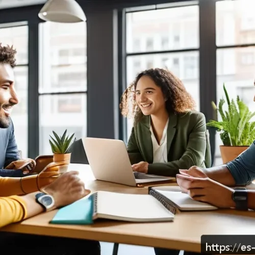 Home 17 관점 전환 능력 개발의 성공 사례 - A diverse group of young professionals in a modern coworking space, engaged in a lively discussion a...